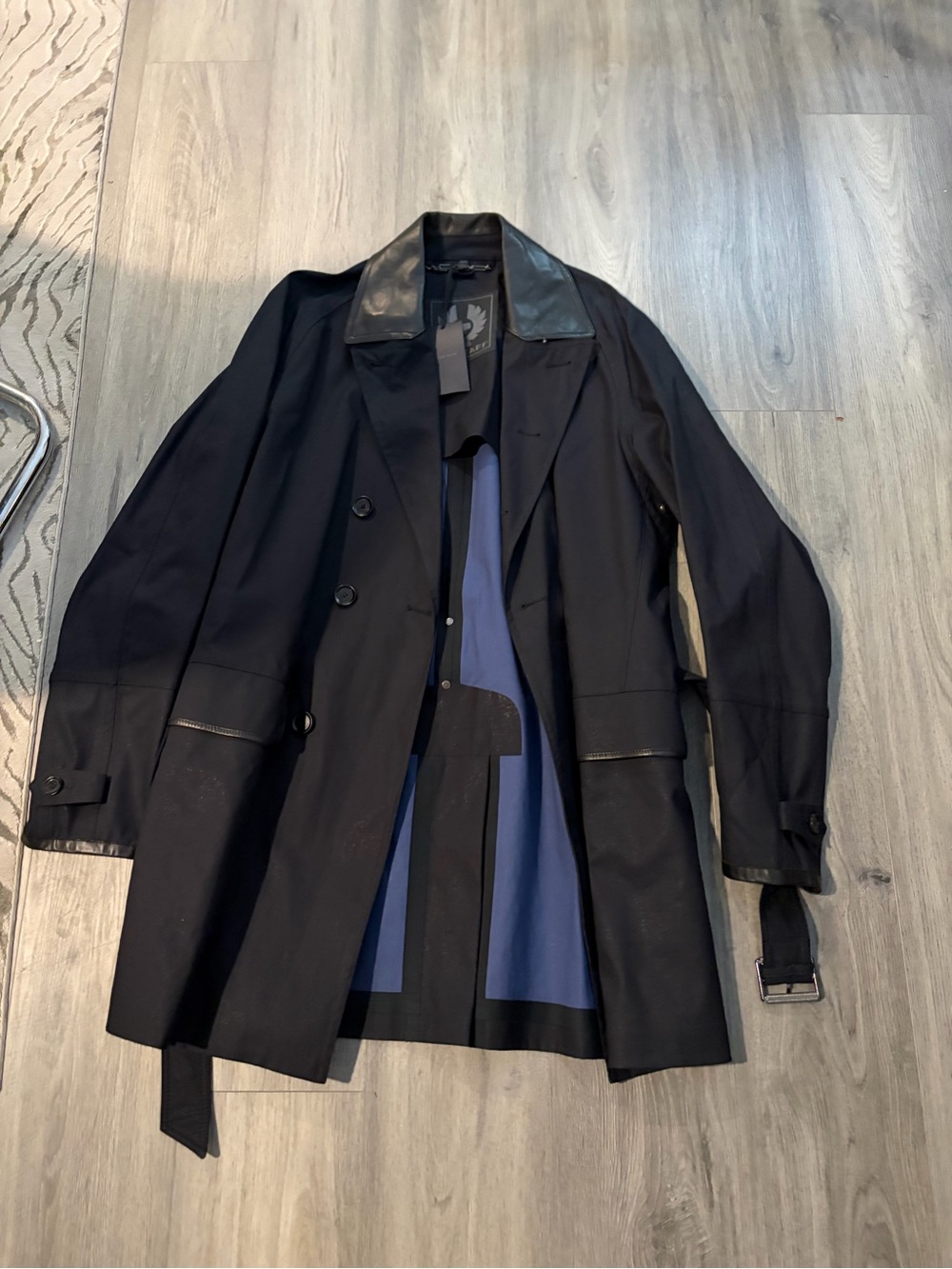 Belstaff Black Trench Coat with Contrast Blue Lining